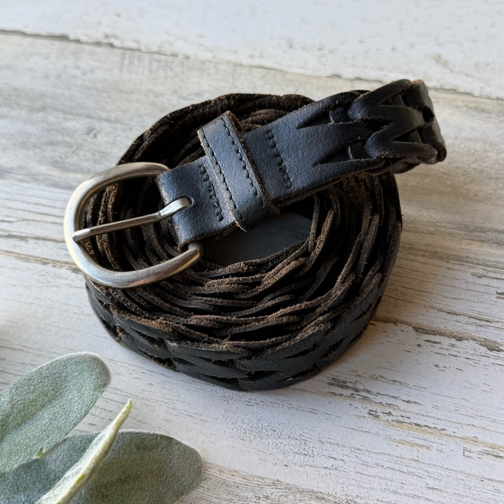 Vintage Dark Brown Leather Belt Open Weave Braided Woven Unisex OSFM (44/110)